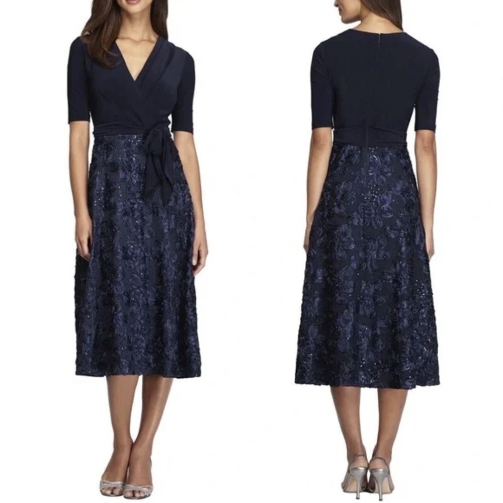 Alex Evenings Lace & Jersey Cocktail Dress with Full Rosette Lace Skirt NEW